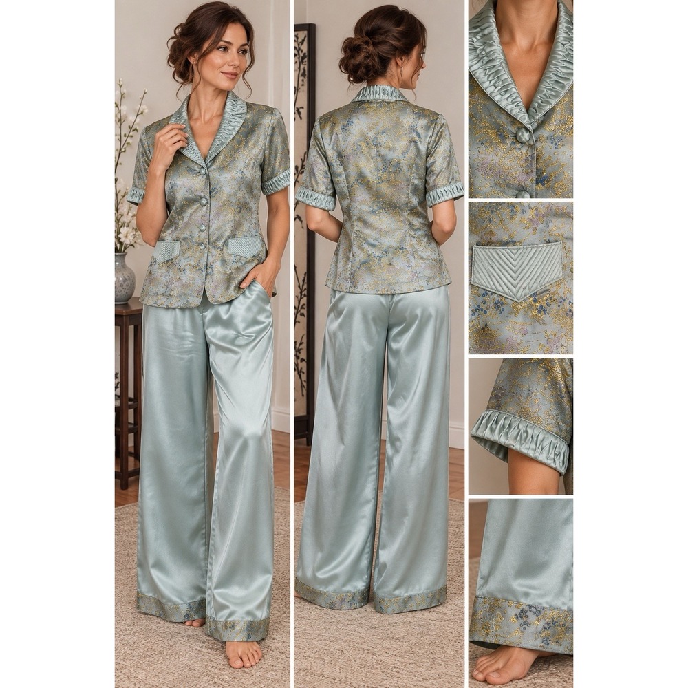 Vintage Chinese Satin Pajama Lounge Set Brocade Jacket Wide Leg Pants XS S